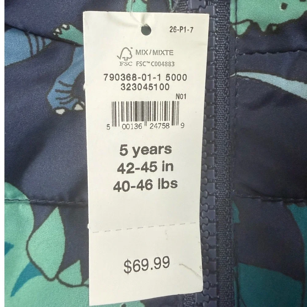 Baby Gap Cold Control Puffer Jacket Kids 5yrs Blue Dinosaur Print Hooded NEW $70